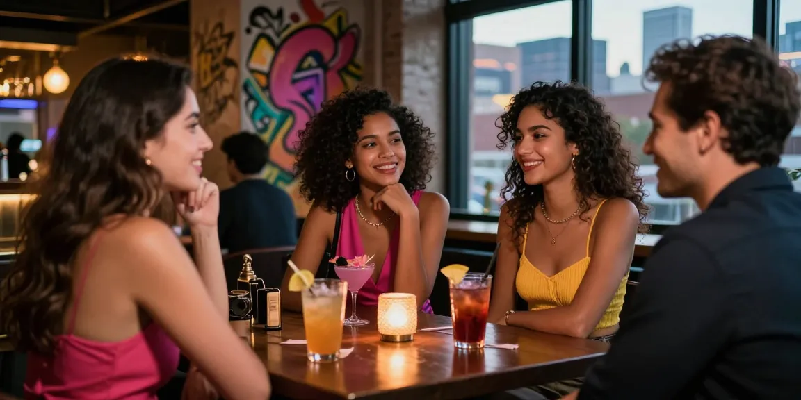 Gái gọi hòa mình trong không khí sôi động của quán bar, bạn bè vui vẻ bên ly cocktail.