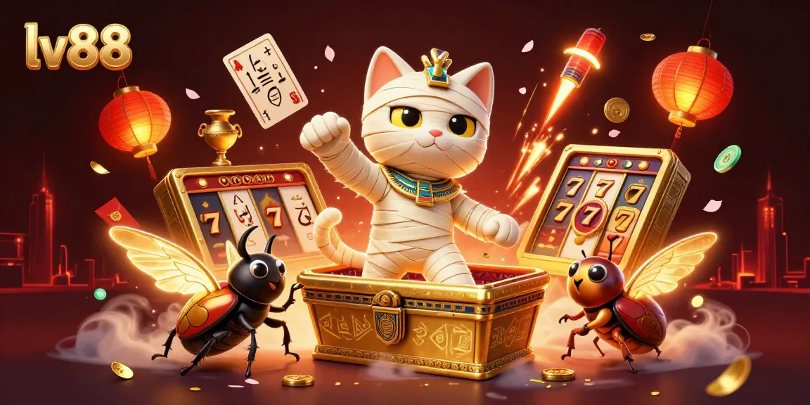 Experience thrilling gameplay at lv88 with a dynamic casino scene featuring a mummy cat and golden elements.