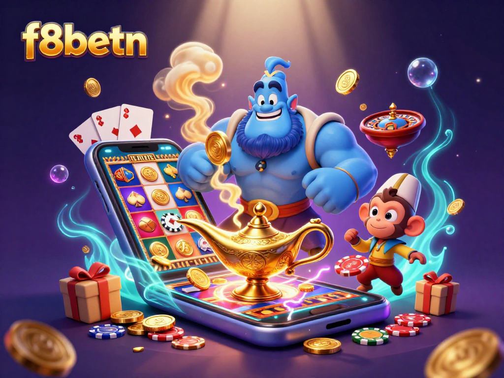 Experience the excitement of f8betn casino with a vibrant 3D illustration featuring a genie, monkey, and magic carpet filled with casino elements.