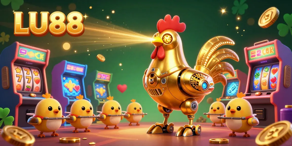 Engage players with LU88's dynamic arcade casino experience featuring a golden robot and baby chick drones.