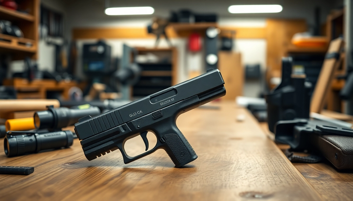 Showcase of Glock 23 slides emphasizing texture and craftsmanship in a workshop setting.