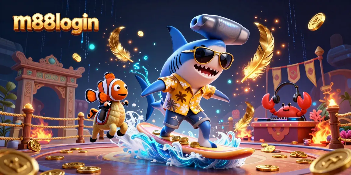 Experience thrilling wins with m88login as the shark surfs gold coins in this vibrant casino scene.