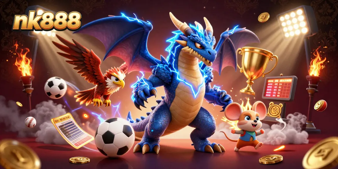 Win big at nk888 with a dynamic casino illustration featuring thrilling game elements.