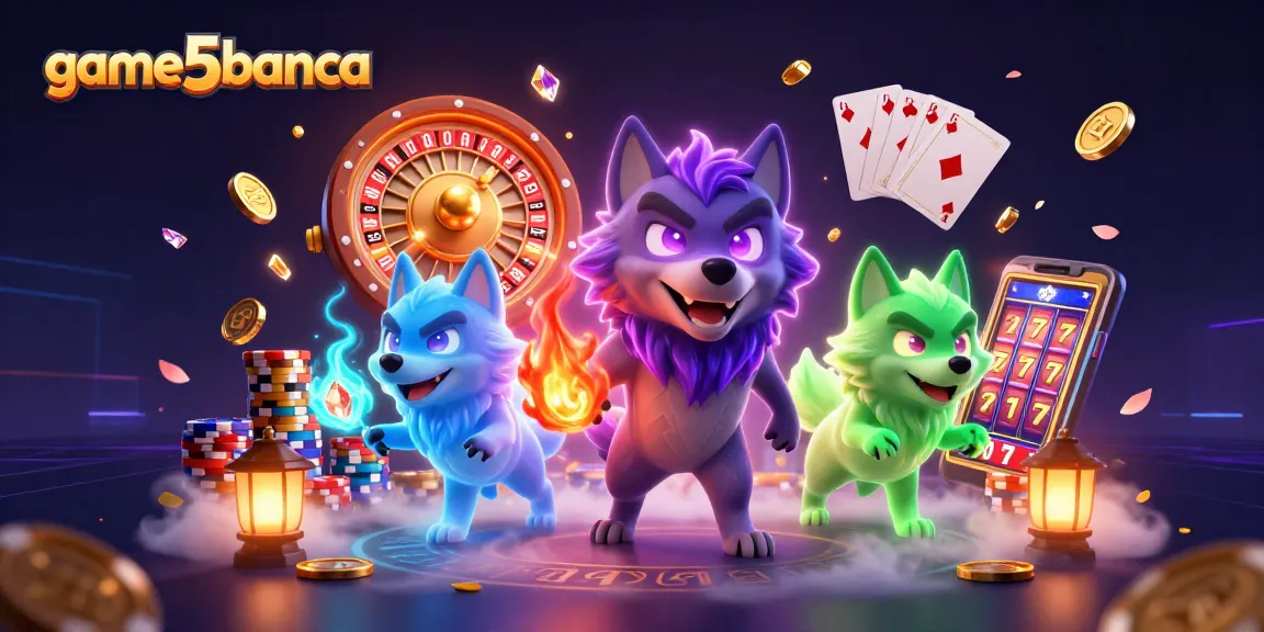 Win big at game5banca with this vibrant casino scene featuring wolves, coins, and cards!