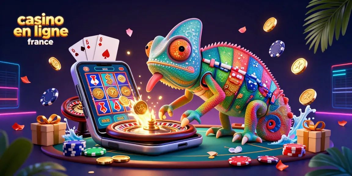 Illustration d'un caméléon propriétaire de casino en ligne France, attrapant des pièces d'or.