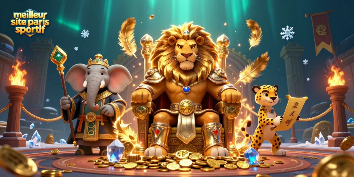 Découvrez le meilleur site de paris sportif avec un roi lion majestueux entouré d'éléments de jeu captivants.