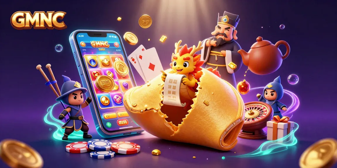 GMNC reveals a captivating 3D scene with a fortune cookie, wise dragon, and golden gaming elements.