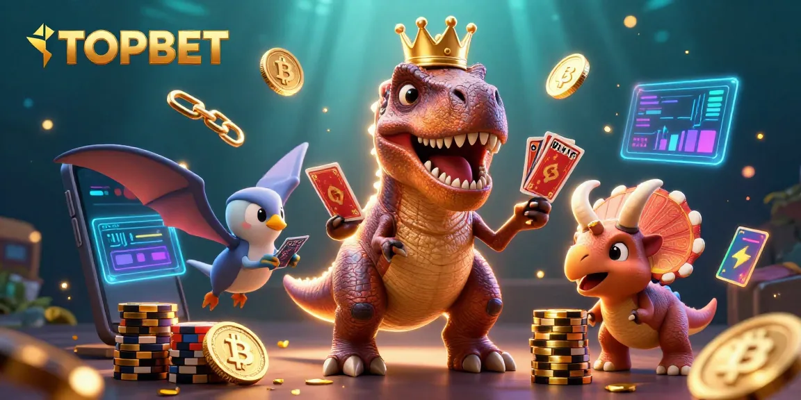 TOPBET features a T-Rex playing cards while a triceratops stacks chips, showcasing a vibrant casino scene.