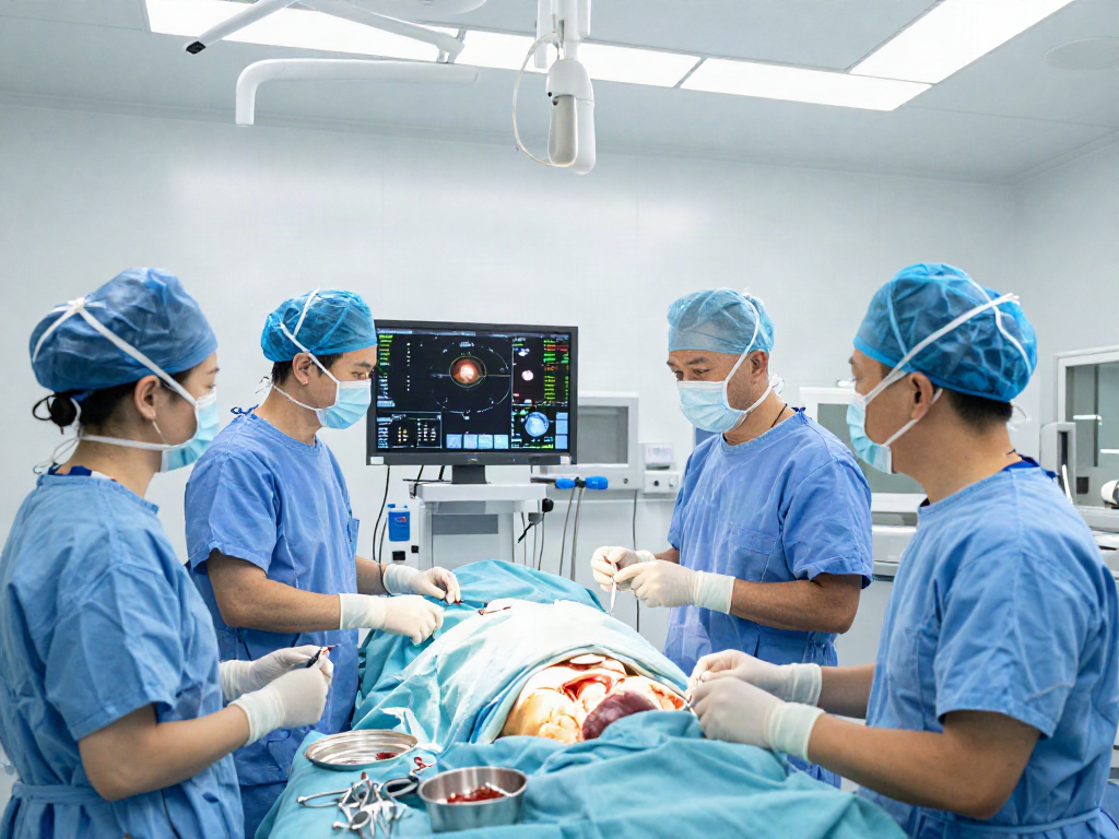 Heart transplant specialists collaborating in a modern hospital, showcasing innovative medical care.