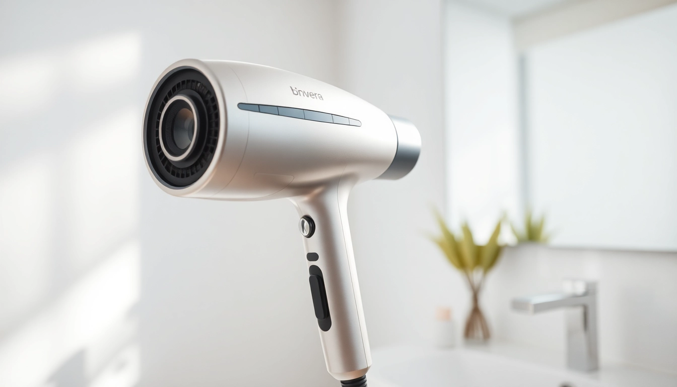 Explore features of the Laifen website highlighting innovative hair styling tools in a modern bathroom.