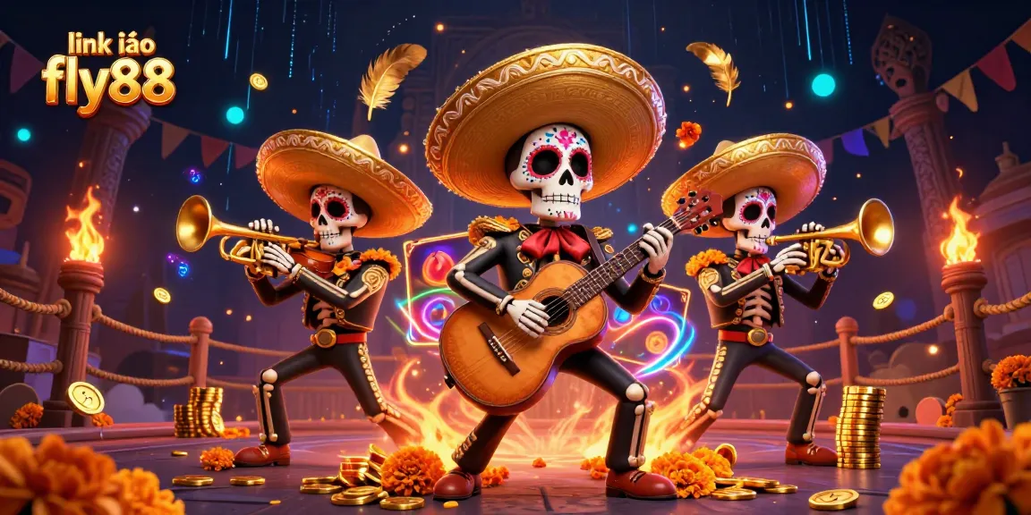 Engage with link vào fly88 in a vibrant 3D casino scene featuring skeleton mariachi musicians and colorful gaming elements.