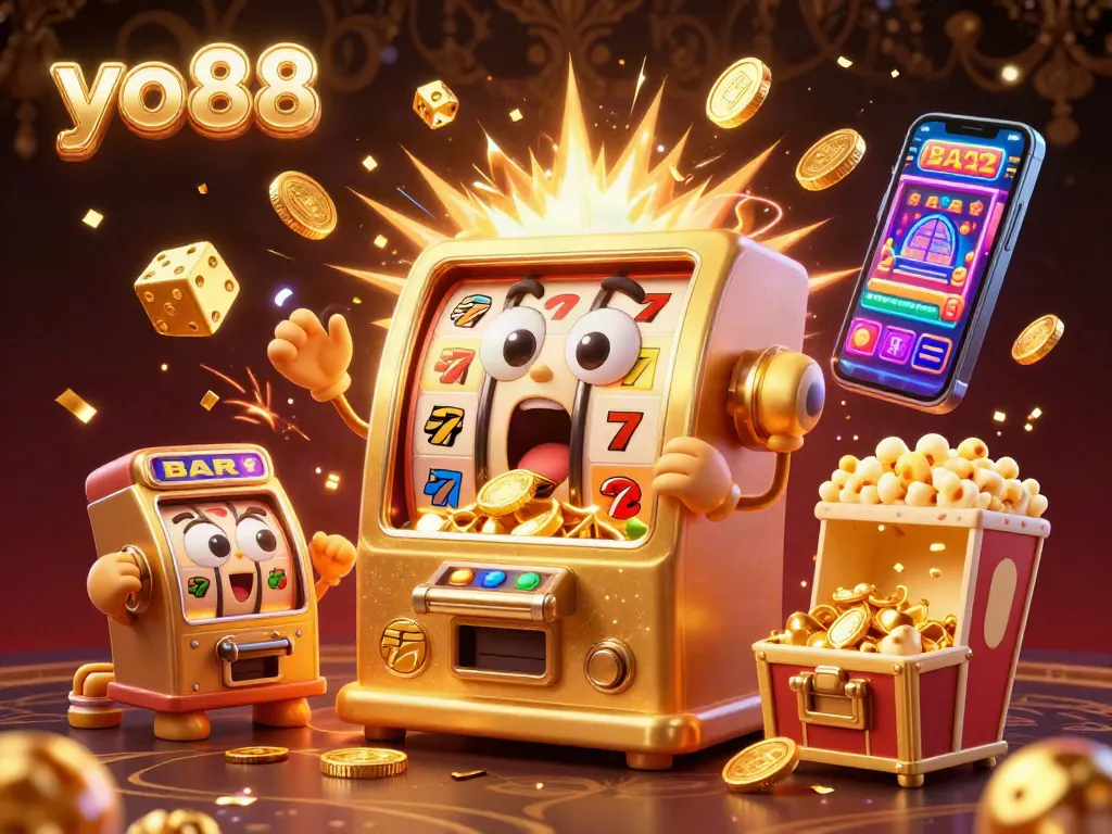 Celebrate your winning streak at yo88 with this vibrant 3D illustration of a lively jackpot scene filled with excitement and fortune.