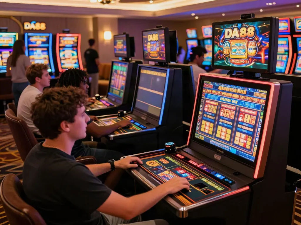 Players enjoying diverse online games at DA88, showcasing an engaging casino atmosphere with vibrant slot machines and interactive elements.