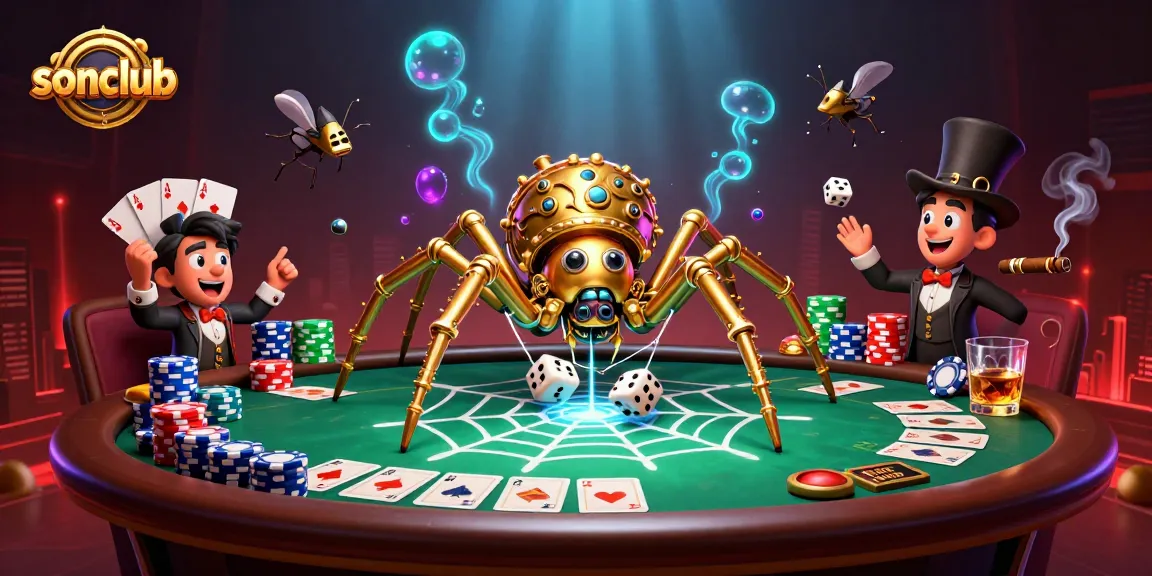Engage with sonclub's thrilling steampunk-themed gaming adventure featuring a golden spider and poker elements.