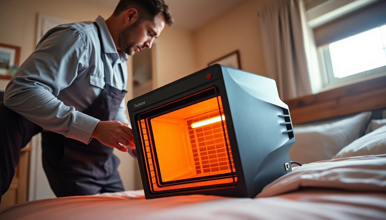 Exterminator performing bed bug heat treatment with advanced equipment in a well-lit bedroom.