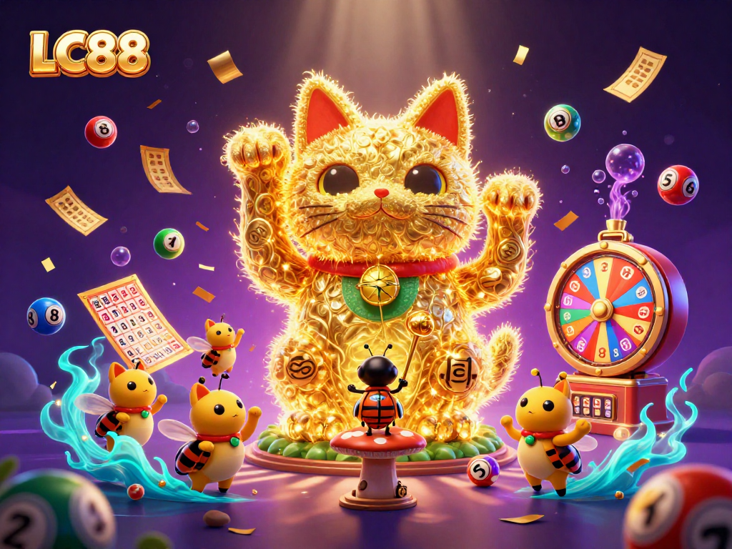 Experience the vibrant excitement of LC88 with dynamic casino elements in a colorful, immersive illustration.