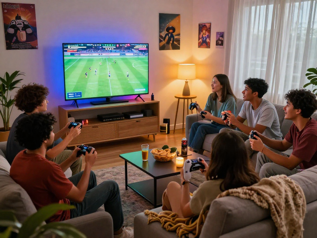 Enjoying a thrilling football game with friends on Bola88 in a lively living room.