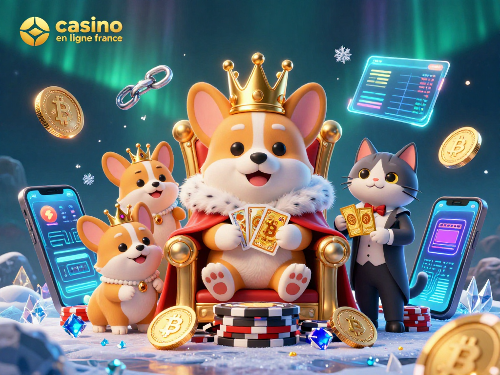 Jouez au casino en ligne France avec ce corgi royal entouré de cartes et de crypto-monnaies brillantes.