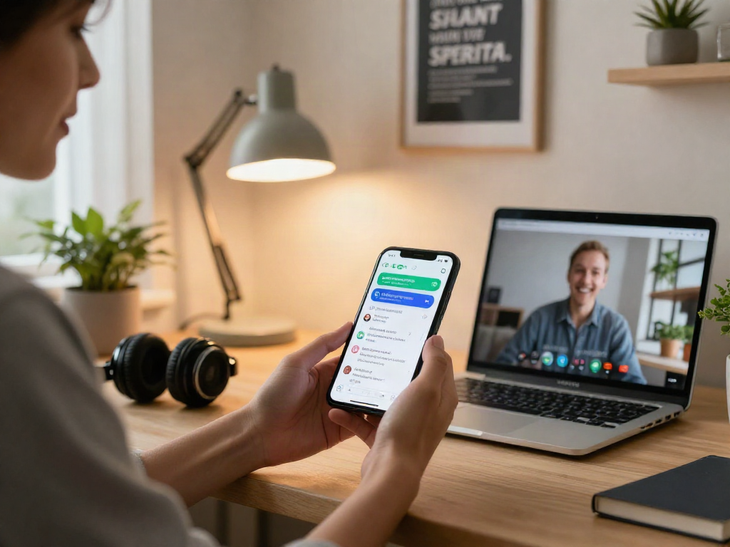 Using gb whatsapp apk on a smartphone in a cozy home office with vibrant notifications.