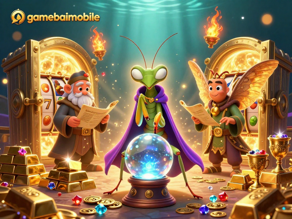 Experience thrilling wins with gamebaimobile's 3D casino illustration featuring fortune tellers and slot games.