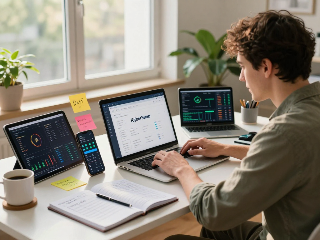Person actively using KyberSwap in a stylish home office setting, showcasing decentralized finance trading.