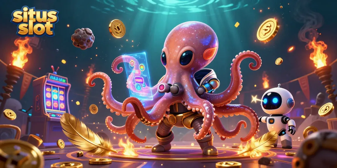 Memenangkan permainan situs slot dengan alien dan robot dalam suasana kasino yang meriah.