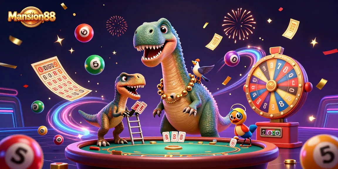 Mansion88 showcases thrilling online gambling with a fun 3D dinosaur scene of poker and lotteries.