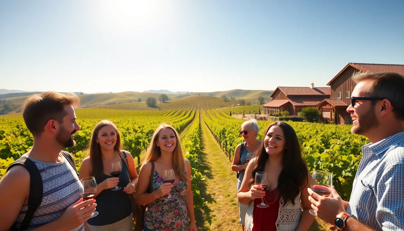 Enjoy winery tours Clarksburg with visitors tasting wine amidst beautiful vineyards.
