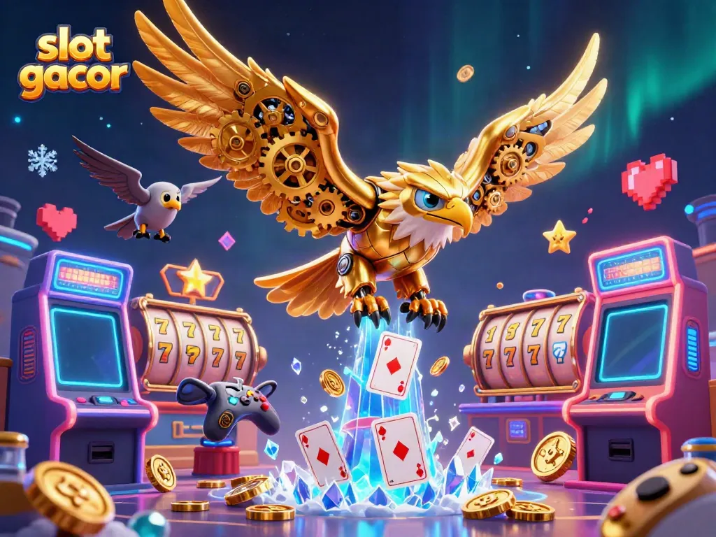 Engage with the dynamic slot gacor scene featuring a cybernetic eagle amidst vibrant slot machine elements.
