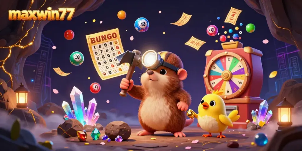 Engage in exhilarating lottery excitement with maxwin77, showcasing a treasure hunter mole and colorful lottery elements.