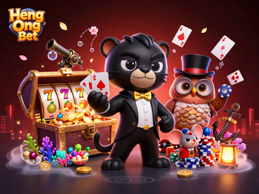 Engage in the excitement of Heng Ong Bet with cards and slots in a vibrant 3D casino scene.