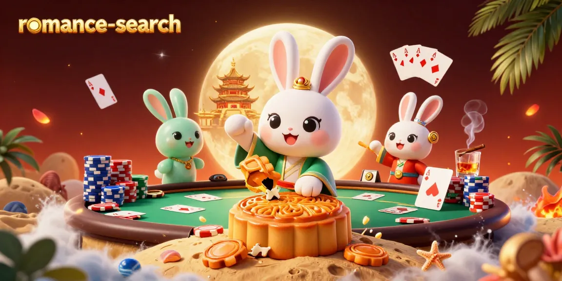 Experience excitement with romance-search as the moon rabbit unveils poker chips in a vibrant casino scene.