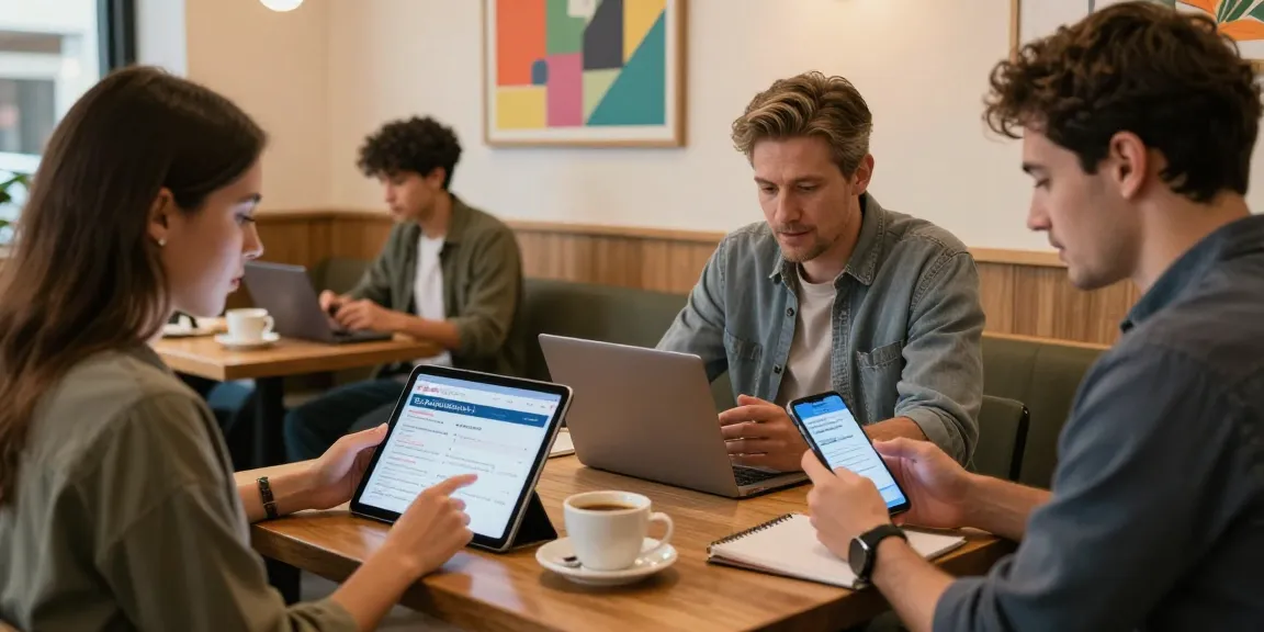 Engaging scene showcasing users utilizing BedPersonal for local classifieds in a cozy urban cafe.