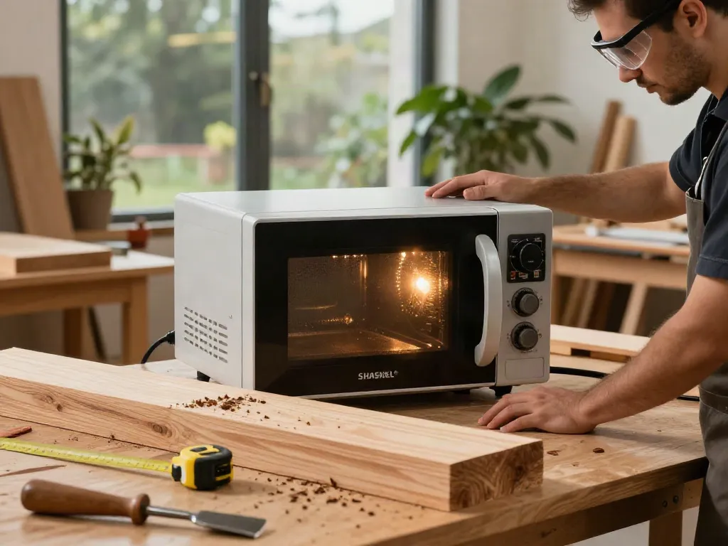 SHASHEL® microwave equipment effectively eliminating wood-boring insects in a professional workshop setting.