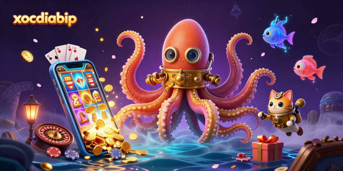 xocdiabip showcases a colossal kraken and diving cat amid vibrant casino elements.