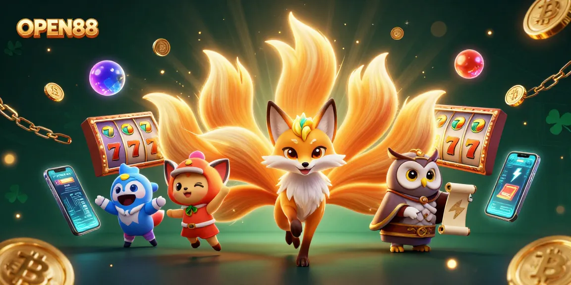 Experience winning thrills with OPEN88's vibrant nine-tailed fox spirit in a dynamic casino illustration.