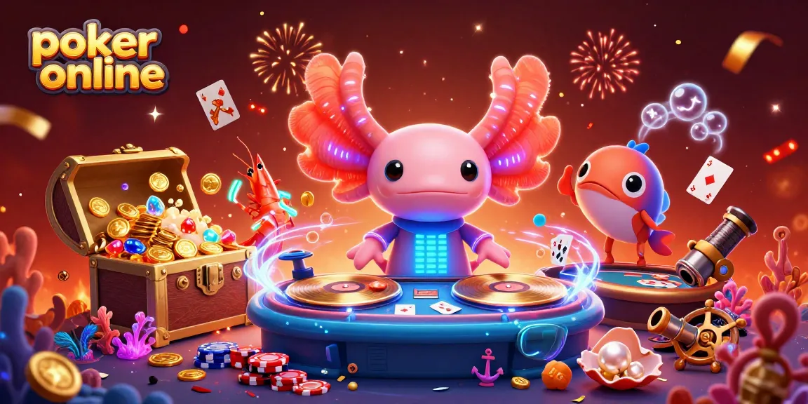 Jouez au poker en ligne avec une scène animée de DJ axolotl et crevettes dans une ambiance festive.
