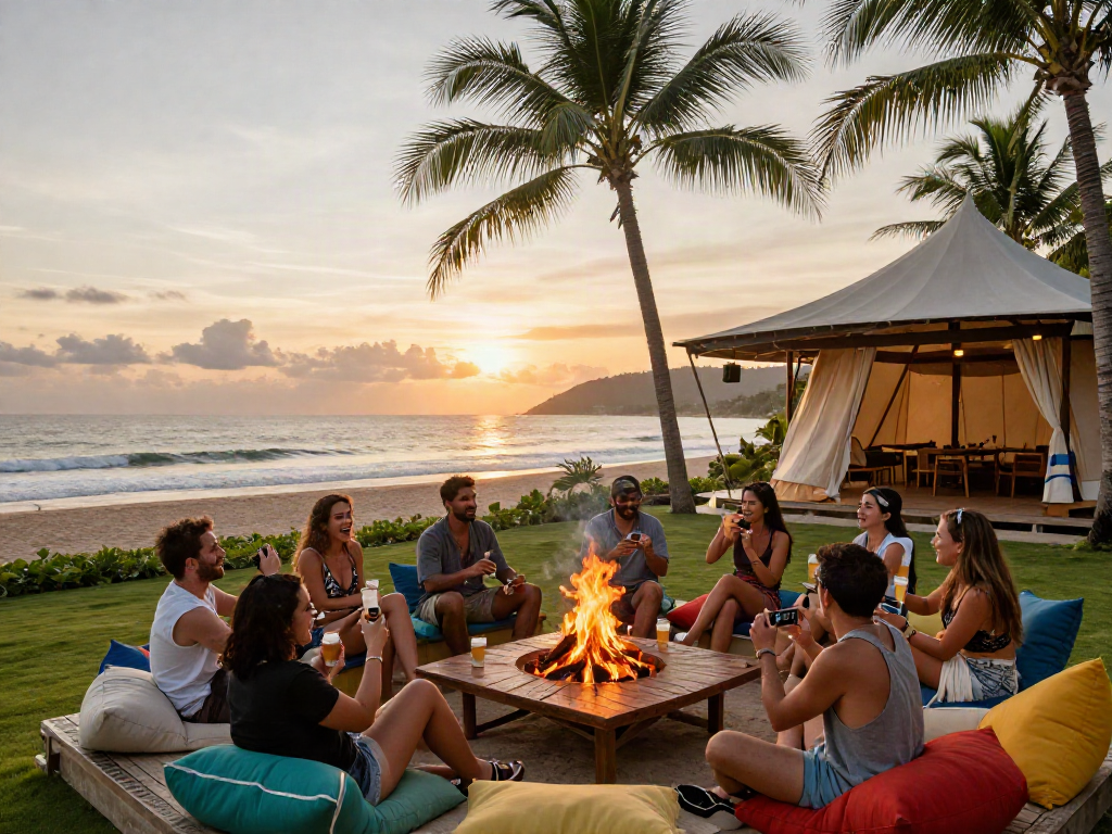 Teman-teman menikmati momen santai di resort mewah dengan sunset indah, tema luxury111.