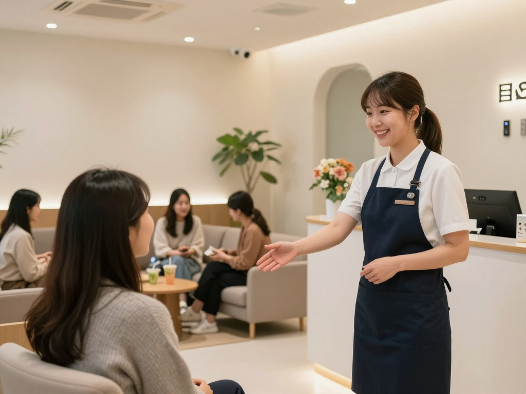 단밤오피의 목포오피 공간에서 고객을 환영하는 직원과 편안한 정경.
