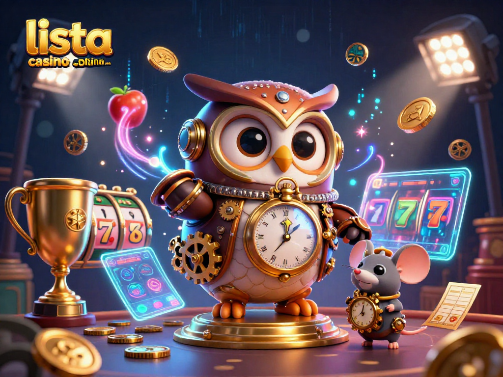 Gioca alla lista casino online non AAMS con l'illustrazione 3D di un gufo viaggiatore temporale e simboli di vincita.