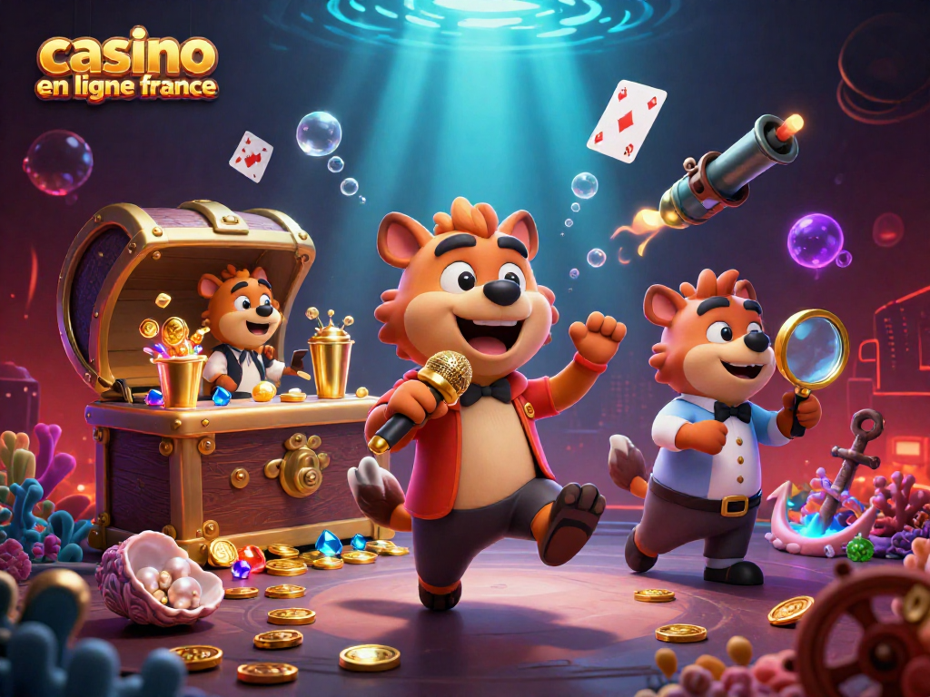 Une scène dynamique de casino en ligne France avec des hyènes animées à une salle de casino, offrant un spectacle amusant.