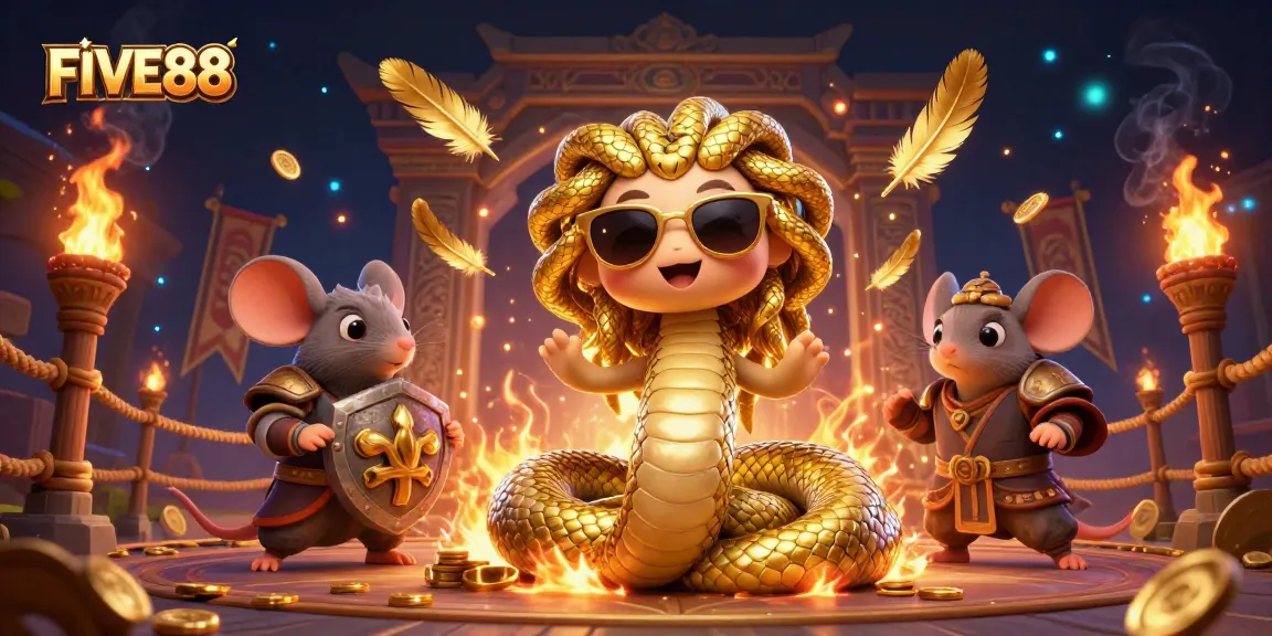 Engage in exciting gameplay with FIVE88 featuring Medusa and a warrior mouse amid gold and cosmic effects.