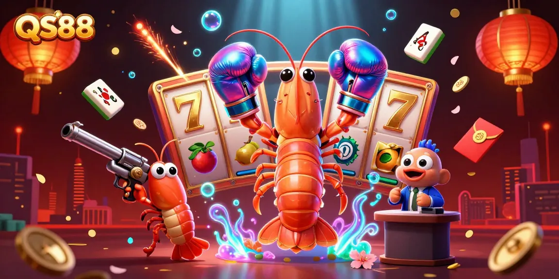 Experience the thrilling world of QS88 with vibrant slot action featuring shrimp characters in a dynamic casino scene.