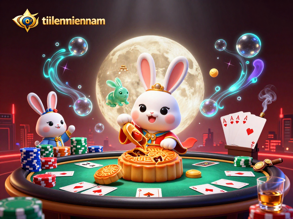 Experience intense poker action with tienlenmiennam, where the moon rabbit reveals poker chips from mooncakes.
