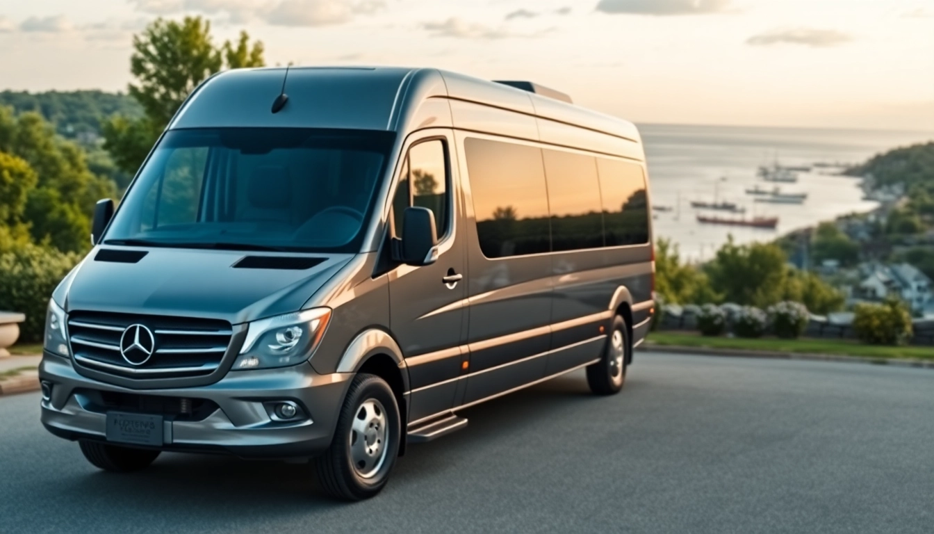 Mercedes Sprinter limo Rhode Island parked elegantly in a beautiful coastal setting.