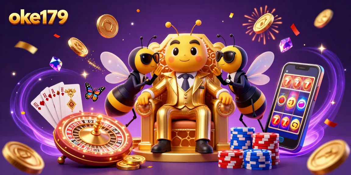 Experience the thrilling world of gambling with oke179 in a vibrant casino-themed illustration.