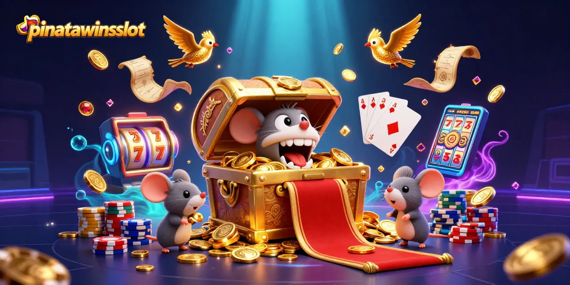 Win big with pinatawinsslot as golden coins cascade from the treasure chest in this vibrant casino scene.