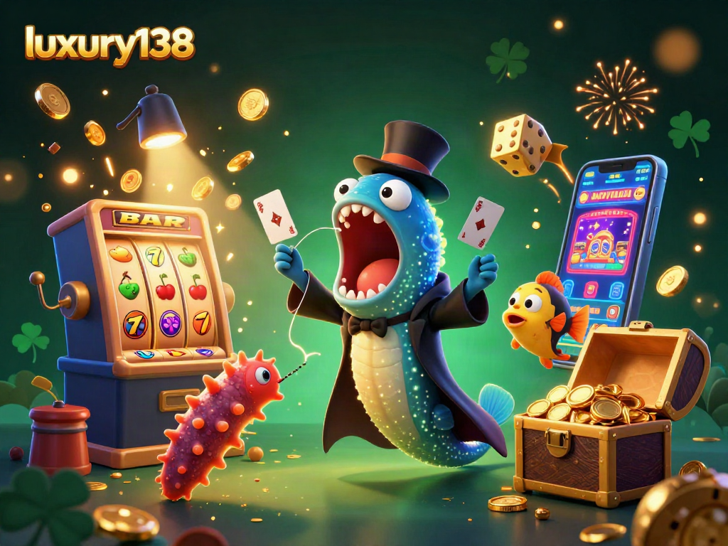 Gambarkan pengalaman bermain slot dengan luxury138 di ilustrasi kasino yang berwarna-warni dan menarik.