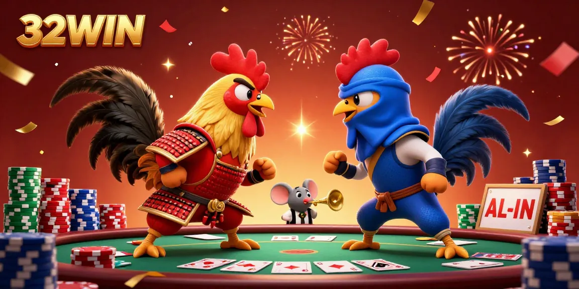 Engage in thrilling poker battles at 32WIN with dynamic fighting roosters and dramatic elements.