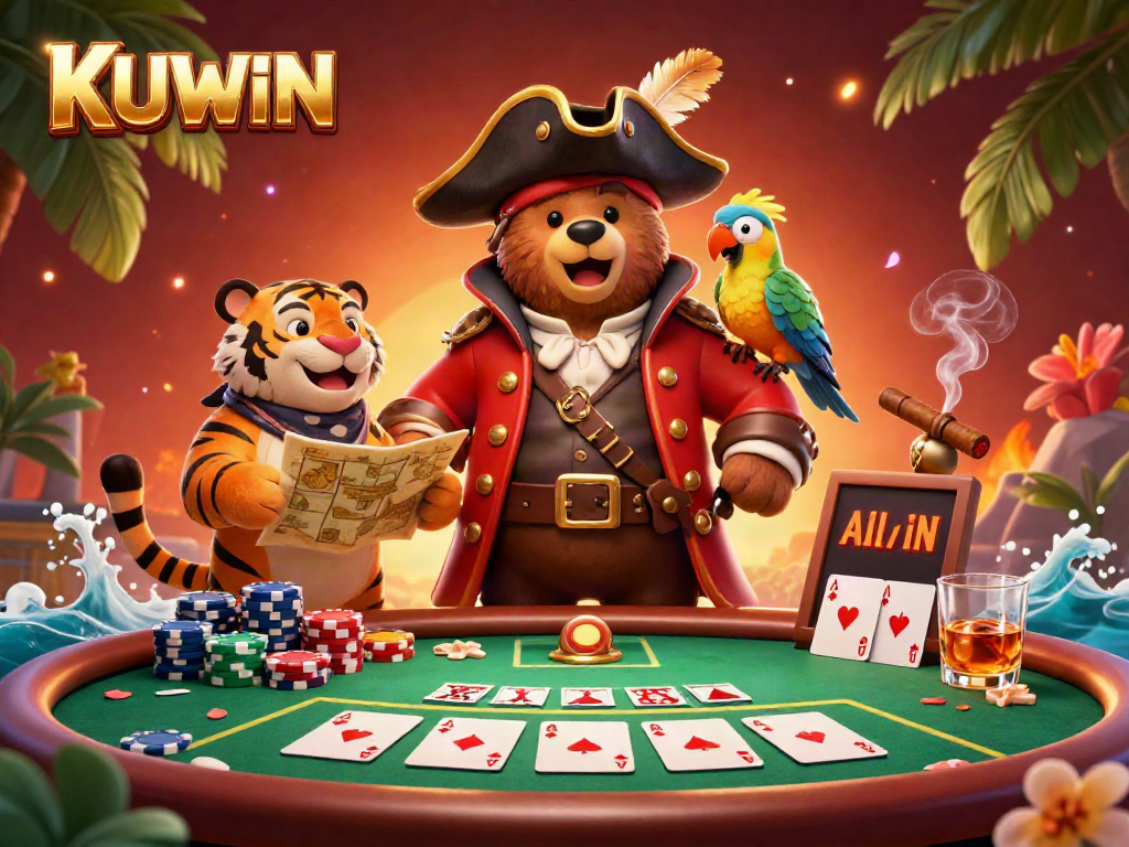 Experience the excitement of KUWIN at a vibrant poker game with a cartoon pirate bear, tiger first mate, and golden-feathered parrot.